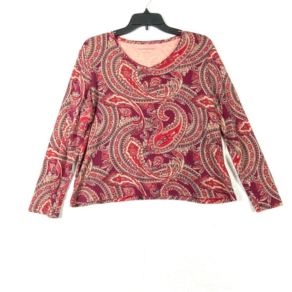 Croft & Barrow Paisley Top Womens L Red Tones V Neck Long Sleeve Casual Pullover